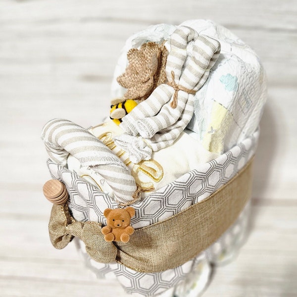 Neutral Baby Carriage Stroller Diaper Cake Bee Themed Diaper Cake Sweet As Can Bee Baby Shower Gift for Newborn Ready to Ship