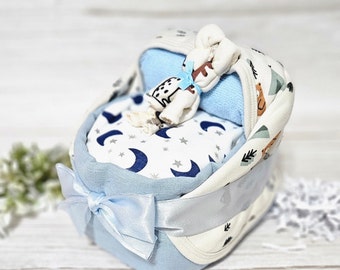 Baby Boy Small Bassinet Diaper Cake Baby Shower Gift for Newborn Corporate Baby Gift Idea All in One Baby Gift Ready to Ship