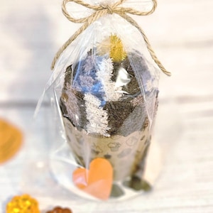 May include: A pair of rolled socks shaped like a cupcake, packaged in a clear plastic bag tied with a tan twine bow. The socks feature a textured pattern in shades of brown, white, and blue, set inside a tan paper liner with small icons.