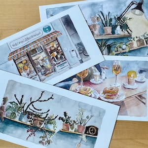 Handgemalte Aquarellpostkarten - Conjunto de 4 cartas