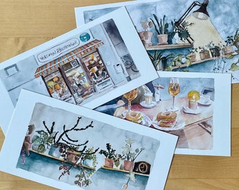 Handgemalte Aquarellpostkarten - Set à 4 cartes
