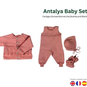 Set di modelli per lavorare a maglia per neonati Antalya: cardigan, tutina, coperta (download PDF)