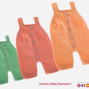 May include: Three knitted baby rompers in shades of green, coral, and orange. Each romper has a button-up front and shoulder straps. The text "Unisex Baby Rompern" is displayed below the rompers.