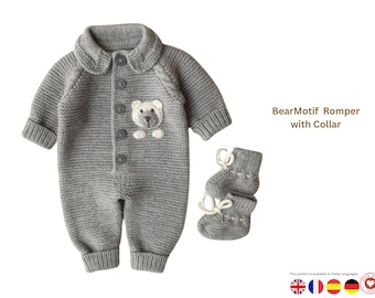 Patrón de tejido para mameluco de bebé con cuello de oso, mono para recién nacido (PDF), patrón de tejido de una pieza para bebé, mono abotonado, conjunto de bebé tejido - Regalo de mono