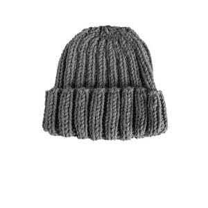 May include: A grey, ribbed knit beanie hat. The hat is made of a thick, textured yarn and features a folded brim. The beanie is a solid colour and is suitable for cold weather.