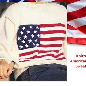 May include: A white knitted sweater with a red, white, and blue American flag design. The text "Knitted American Flag Sweater" is below the image.