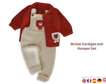 Ensemble de modèles de tricot cardigan et salopette pour bébé - Tenue ours en peluche PDF, coffret cadeau nouveau-né à bébé