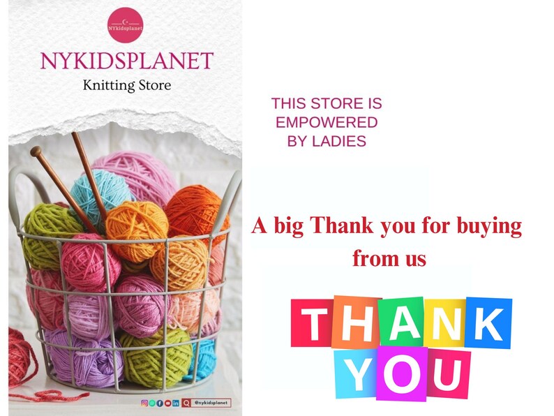 Puede incluir: Una cesta de alambre llena de ovillos de lana coloridos en tonos rosa, naranja, verde y azul, con agujas de tejer. El texto "NYKIDSPLANET Knitting Store" est&aacute; en la parte superior. Las palabras "THANK YOU" se muestran en bloques coloridos.