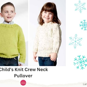 May include: Two children wearing knit crew neck pullovers. The child on the left is wearing a green pullover and the child on the right is wearing a white pullover with a speckled pattern.