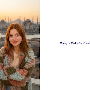 May include: A colorful patchwork cardigan with a mix of green, blue, and peach tones. The text "Mangla Colorful Cardigan" is displayed on the right side of the image. The cardigan is worn by a person with red hair.