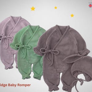 May include: Three knitted baby rompers in lavender, green, and taupe, each with a wrap-style front and tie closure. The taupe romper is paired with a matching bunny ear hat. The text "Cambridge Baby Romper" is at the bottom.