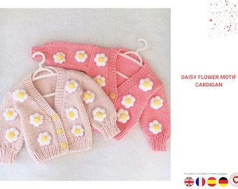 Daisy Flower Motif Cardigan Knitting Pattern | Baby & Toddler Seamless Knit Sweater  gift |  Buttoned Cardigan | Sizes 3 Months to 5 Years