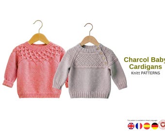 Charcol Baby Cardigans Knitting Pattern Set – 2 Top Down Yoke Sweaters – Baby & Toddler Sizes 0–4 Years – PDF Download- 2 in 1 Patterns
