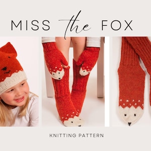 Könnte beinhalten: Strickanleitung für eine Fuchs-Mütze, Fäustlinge und Socken. Die Anleitung enthält Anweisungen zum Stricken einer roten Fuchs-Mütze mit weißen Ohren und einem weißen Gesicht, roten Fuchs-Fäustlingen mit weißen Fuchs-Gesichtern und roten Fuchs-Socken mit weißen Fuchs-Gesichtern.