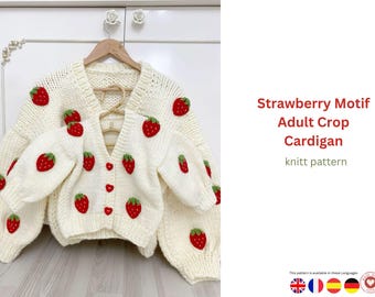 Cardigan corto per adulti con motivo a fragola – Moda fatta a mano – Cardigan lavorato a maglia con motivo all'uncinetto – Capo comodo da indossare a strati – Taglie S–M-L-XL