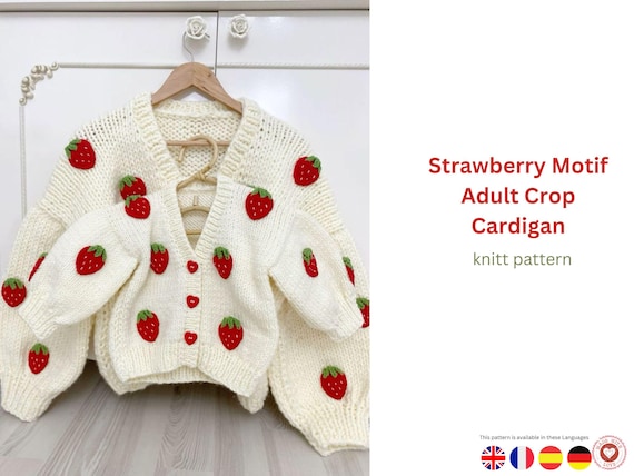 Strawberry Motif Adult Crop Cardigan Pattern – Handmade Fashion – Knit Cardigan with Crochet Motif – Cozy Layering Piece – Sizes S–M-L-XL