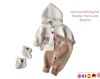 Baby Knit Outfit Pattern Set – Hooded Cardigan Pants Booties-Baby Knitt Set- Baby Shower and Baby birthday Gift set- New Year Gift
