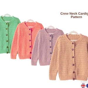 May include: Four crew neck cardigans in pastel colors: mint green, coral, lavender, and tan. Each cardigan has a button-up front and is displayed on a white hanger. The text "Crew Neck Cardigan Pattern" is visible.