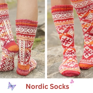 May include: A pair of red, white, and orange knitted socks with a Nordic pattern. The socks are worn on a person's feet and are shown from the front and back.