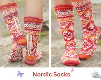 Nordic Socks – Hand-Knit Wool Toe-Up Socks in Sunset & Cream – Traditional Fair Isle Pattern – Lovely Nordic Socks- Socks Gift pattern