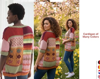 Cardigan of Many Colors Knitting Pattern | Colorwork Patchwork Sweater | Women’s Knit Cardigan Pattern PDF- Girl Cardigan