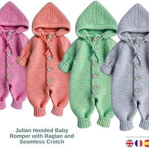 May include: Four knitted baby rompers in pink, coral, green, and gray, each with a hood and wooden buttons. The rompers have long sleeves and legs. Text on the image reads "Julian Hooded Baby Romper with Raglan and Seamless Crotch."