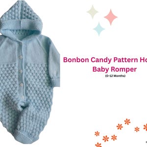 May include: A light blue, hooded baby romper with a textured diamond pattern on the lower half and hood. The long-sleeved garment has a button-up front and is designed for babies aged 0-12 months. The text on the image reads "Bonbon Candy Pattern Hooded Baby Romper".