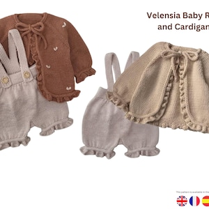 May include: Two baby outfits: a brown cardigan with white heart accents and a beige romper with suspenders. A second outfit features a beige cardigan and romper. The text "Velensia Baby Romper and Cardigan Set" is visible.
