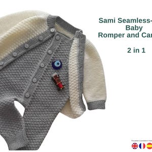 May include: A gray and cream-colored baby romper and cardigan set. The knitted outfit features a button-up front and long sleeves. The text "Sami Seamless-Look Baby Romper and Cardigan" is displayed. A blue and red charm is attached to the romper.