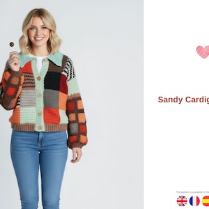 May include: A patchwork cardigan in shades of brown, orange, black, and mint green. The button-down sweater has a collared neckline and is worn with blue jeans. The text "Sandy Cardigan" is displayed on the right.
