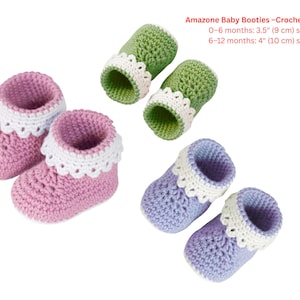 May include: A collection of handmade crochet baby booties in pink, green, and blue. Each pair features a white scalloped trim around the ankle. The text indicates the booties are for 0-6 months (3.5" sole) and 6-12 months (4" sole).