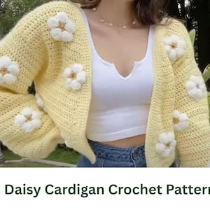 Yellow Daisy Crochet Cardigan Pattern | Oversized Women’s Cardigan with Bishop Sleeves & Daisy Appliqué | Sizes S‑XL- Young girl cardigan