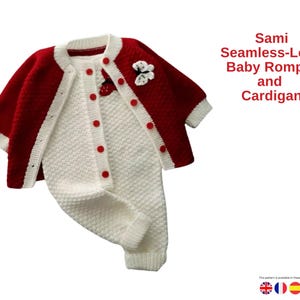 May include: A knitted baby romper and cardigan set in red and white. The red cardigan has white trim and red buttons. The white romper has red buttons. The set is decorated with a butterfly applique. Text on the image reads "Sami Seamless-Look Baby Romper and Cardigan."