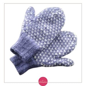 May include: Purple knitted mittens with a white polka dot pattern.