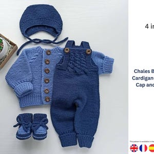 May include: A four-piece baby set in shades of blue, including a cardigan, romper, cap, and booties. The cardigan has wooden buttons, and the romper features a cable knit design. The set is handmade and suitable for newborns. The text "4 in 1" is visible.