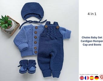 Ensemble tricot pour bébé Chales - Cardigan barboteuse, bottines - Idée cadeau pour baby shower et anniversaire de bébé - Ensemble à tricoter 4 en 1