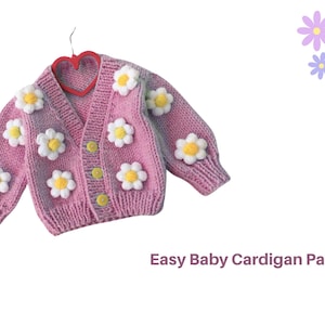 May include: A pink baby cardigan with white and yellow daisy appliqués. The knitted sweater has a V-neck, long sleeves, and yellow buttons. The text "Easy Baby Cardigan Pattern" is displayed below the cardigan.