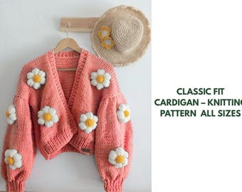 Patrón de tejido / Cárdigan clásico raglán para bebé y adulto (tallas: S, M, L) / Patrón PDF fácil paso a paso - Cárdigan Daisy