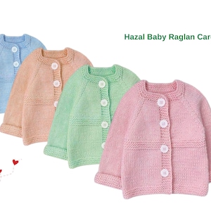 May include: Four pastel-colored baby raglan cardigans. The cardigans are light blue, peach, mint green, and pink. Each has a round neck, long sleeves, and white buttons. The text "Hazal Baby Raglan Cardigan" is displayed above the cardigans.