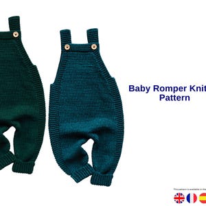 Puede incluir: Dos peleles de bebé tejidos en tonos verdes y turquesas. Los peleles tienen tirantes ajustables con botones de madera. El texto "Baby Romper Knitting Pattern" se muestra a la derecha. La imagen sugiere un patrón para crear ropa de bebé.