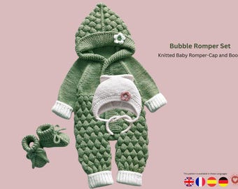 Bubble Romper Set Knitted Baby Romper Cap and Boots – Baby Knitting Pattern PDF – Instant Download- Baby Shower Gift for Baby