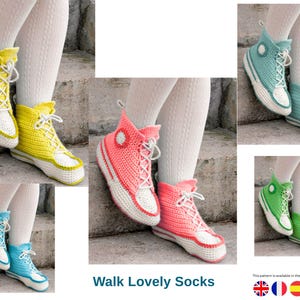May include: Crocheted high-top sneakers in yellow, pink, blue, and green with white soles and laces. The text "Walk Lovely Socks" is at the bottom of the image. The sneakers are shown on a person's legs.