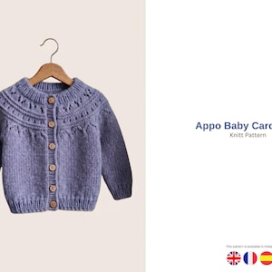 May include: A light blue baby cardigan with a round neck and wooden buttons, hanging on a wooden hanger. The knitted sweater has a decorative pattern around the neckline and button band. Text on the right says "Appo Baby Cardigan Knitt Pattern".