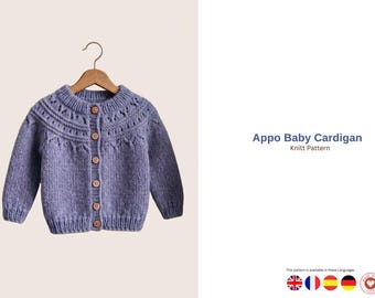 Appo Baby Cardigan Knitting Pattern – Lace Yoke Sweater PDF – Top Down Children Knit – Round Yoke Pullover Pattern 2-12 Years- Baby Cardigan