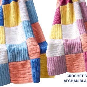 May include: A colourful crochet baby afghan blanket. The blanket has a patchwork design with squares of blue, yellow, white, pink, and peach. The text "CROCHET BABY AFGHAN BLANKET" is visible in the image.
