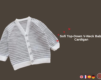 Knitting Pattern – Sofi Striped Baby Cardigan | Top-Down Raglan V-Neck | Seamless & Easy | PDF Download (1–1.5 yrs + Size Adjustment Guide)