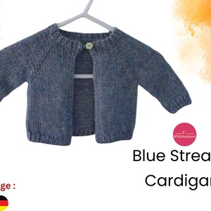 May include: A blue knitted cardigan with a button closure. The cardigan is hanging on a white hanger.