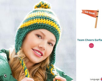Team Cheers Earflap- women knit hat- Crochet hat pattern- Women cheerful hat team- Crochet hat pttern- Very rare classic cap- Nice color cap