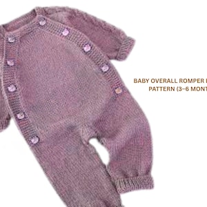 May include: A knitted baby overall romper in a soft lavender color. The romper features long sleeves, a round neckline, and is fastened with several small, round buttons. The text "BABY OVERALL ROMPER KNITTING PATTERN (3-6 MONTHS)" is visible.
