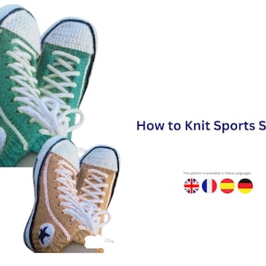 May include: Hand-knitted sports shoes in green and tan with white laces and soles. The shoes have a star emblem on the side. The image includes the text "How to Knit Sports Shoes".